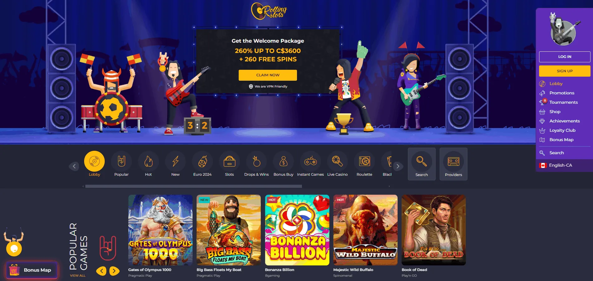 Rolling Slots Casino Lobby