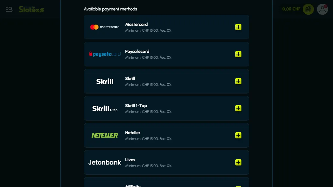 Slotexo Casino – Übersicht der verfügbaren Zahlungsmethoden ab CHF 15 ohne Gebühren Slotexo Casino Einzahlungsmethoden mit Mastercard, Paysafecard, Skrill, Skrill 1-Tap, Neteller, Jetonbank Lives und MiFinity – Mindestbetrag CHF 15, gebührenfrei