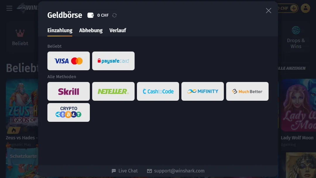 Zahlungsmethoden für Einzahlungen im Winshark Casino – Übersicht über beliebte und alternative Optionen Einzahlungsoptionen bei Winshark Casino mit Logos von Visa, Mastercard, paysafecard, Skrill, Neteller, CashToCode, MiFinity, MuchBetter und Kryptowährungen