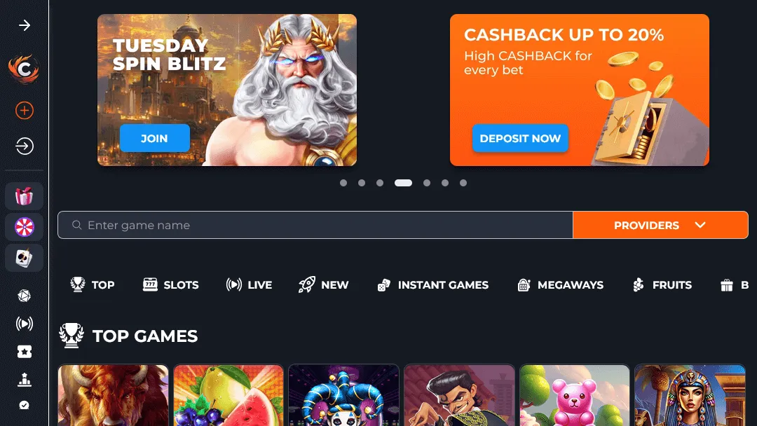 Casino lobby met Tuesday Spin Blitz en cashback tot 20% op elke inzet. Online casino lobby met promotiebanners