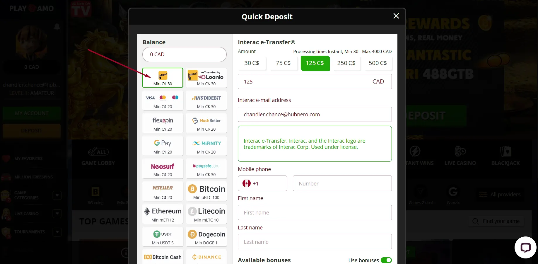 Interac Deposit at Playamo Casino Playamo Interac Payment