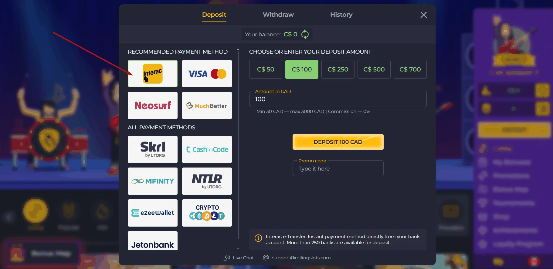 Interac Deposit at Rolling Slots Casino Rolling Slots Interac Payment