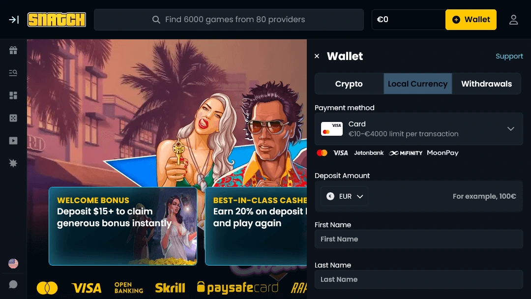 Snatch Casino Visa and Mastercard Deposit Visa deposit screen at Snatch casino