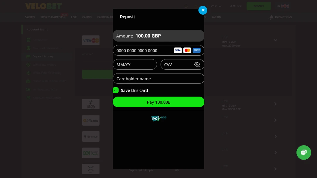 Velobet Online Casino Visa Deposit Form Deposit form for Velobet with Visa Mastercard Amex