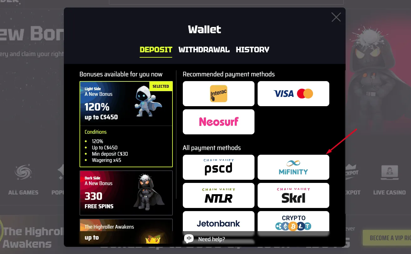 Mifinity Payments at Slots Vader Slots Vader Casino Mifinity Payments